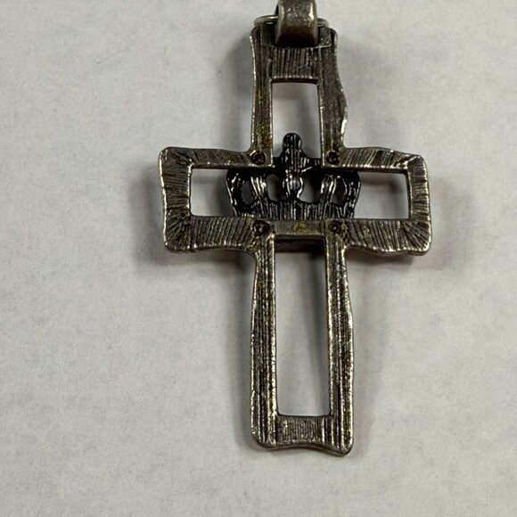 Silver Tone Metal Cross Pendant With Rhinestone Crown Embellishment for Necklace - Picture 7 of 15